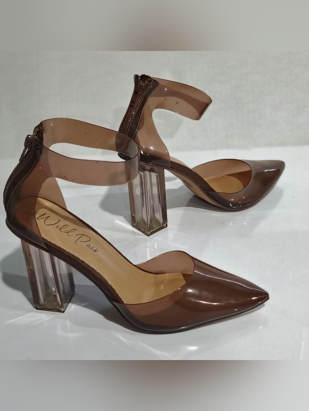 Wild Pair Brown Clear PVC Pointed Block Heel Pumps 9M